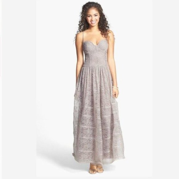 Betsey Johnson Taupe Corset Bodice Lace Maxi Gown size 10 NWT - Picture 1 of 16